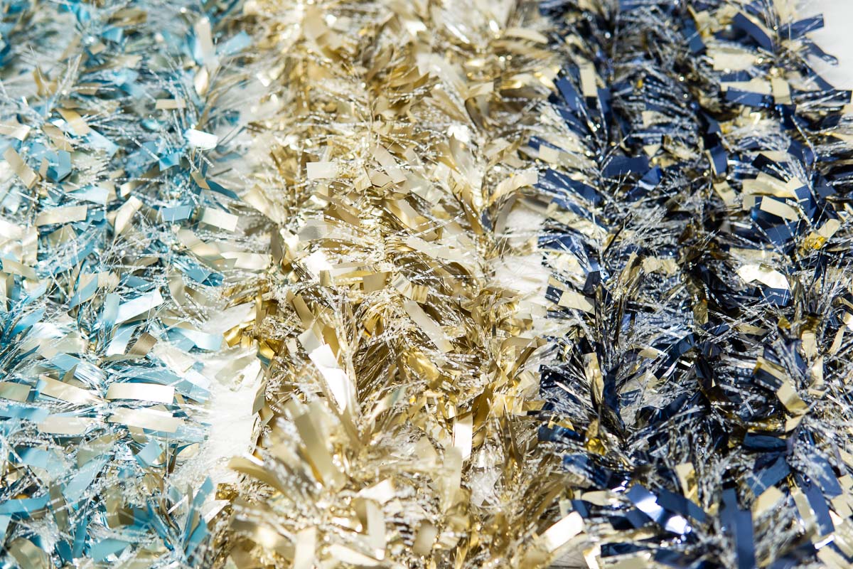 TINSEL W/ SNOW GARLAND BLUE/GOLD