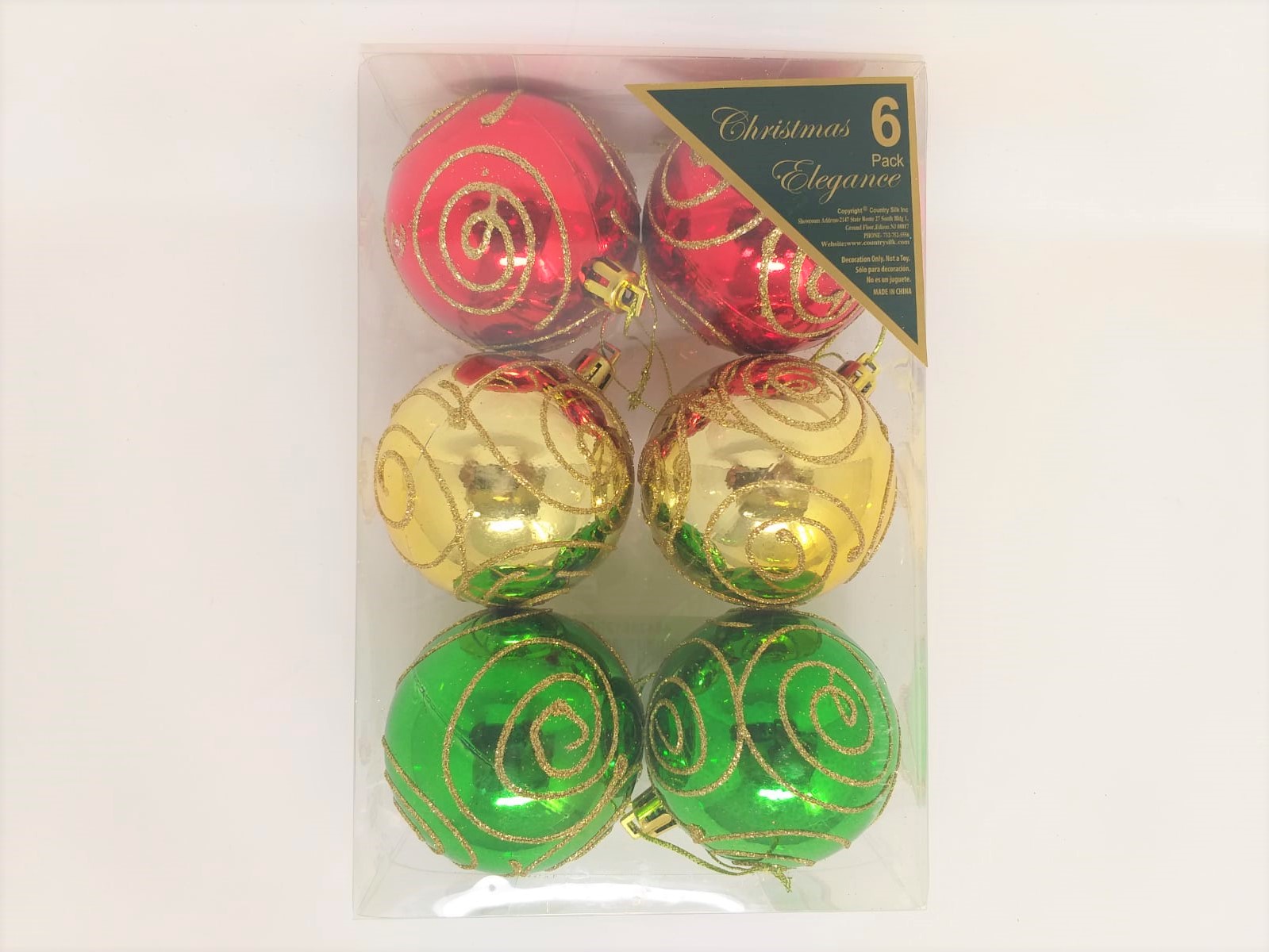 6PK GLITTER BALL RED,GREEN ,GOLD