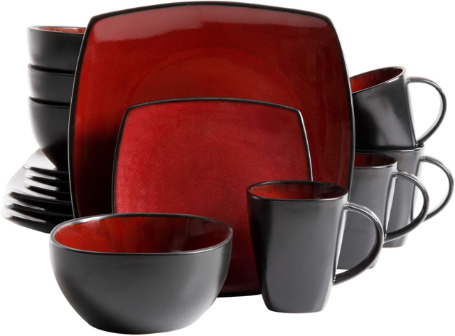 DINNERWARE SQ RED/BLK 16PC SET