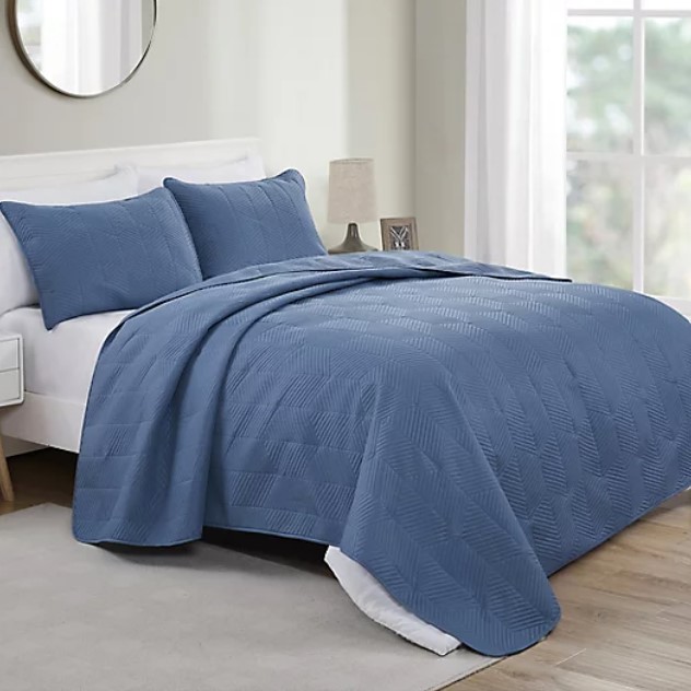 HEXA F/QUEEN QUILT BLUE 3PC SET