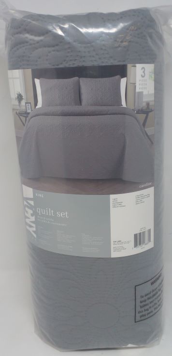 3PC Embossed Quilt Set King Grey